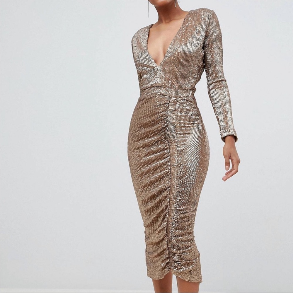 Lavish Alice sequined embellished midi dress in gold